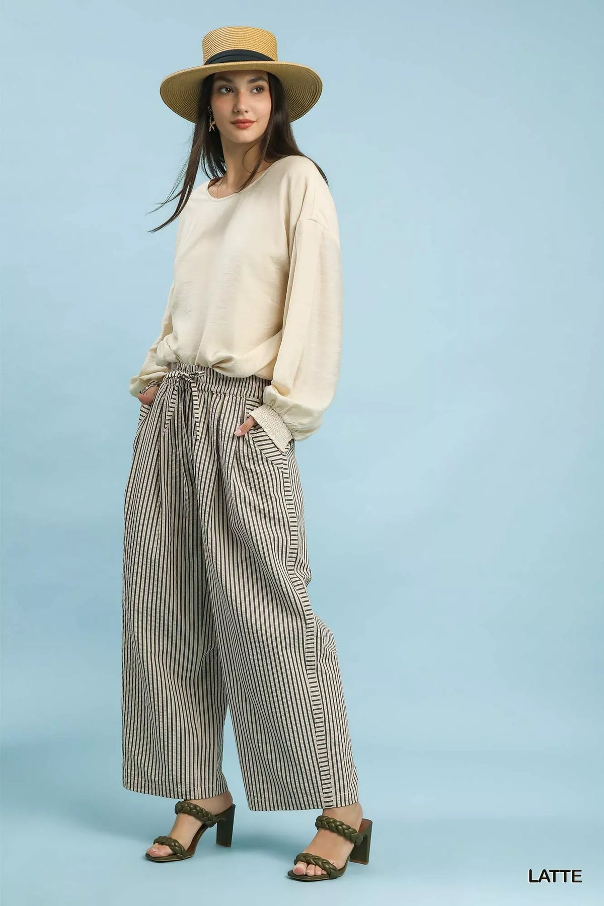 Umgee Drawstring Striped Wide-Leg Pants