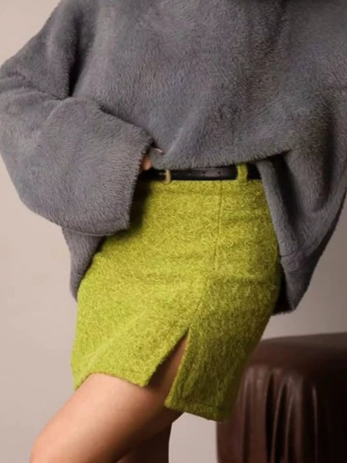Textured Mini Skirt with Front Slit