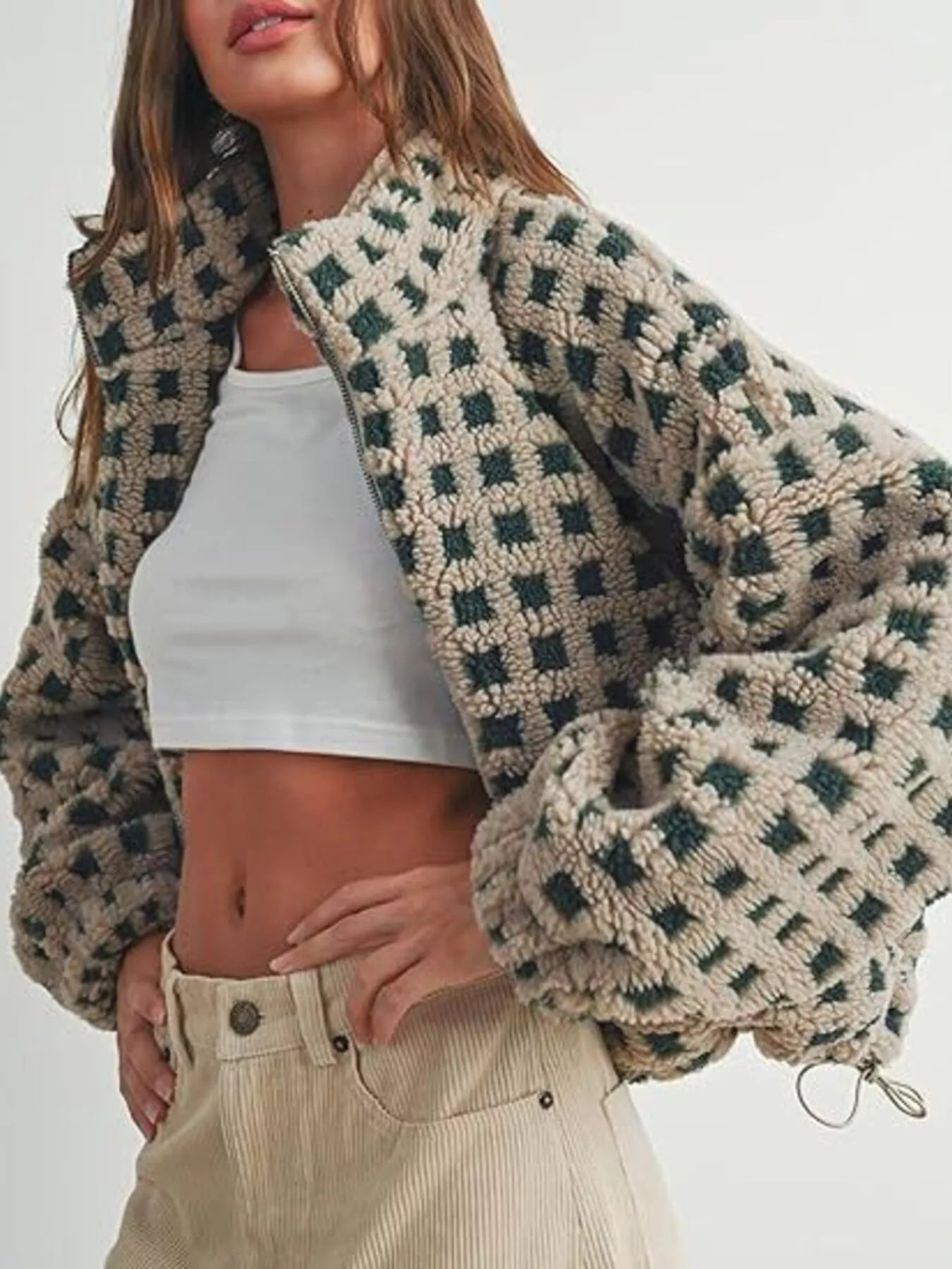 Plaid Zip Up Sherpa Jacket