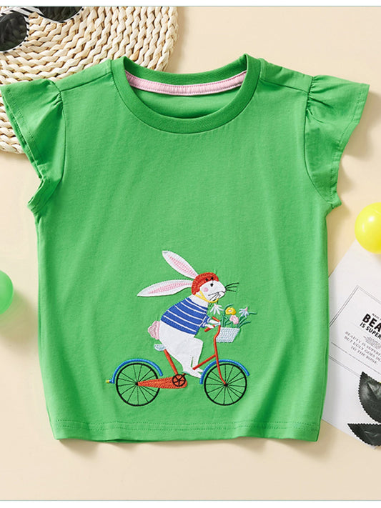 Children's Rabbit Embroidered Cap Sleeve T-Shirt