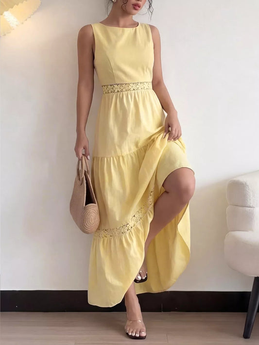 Lace Trim Sleeveless Tiered Maxi Dress
