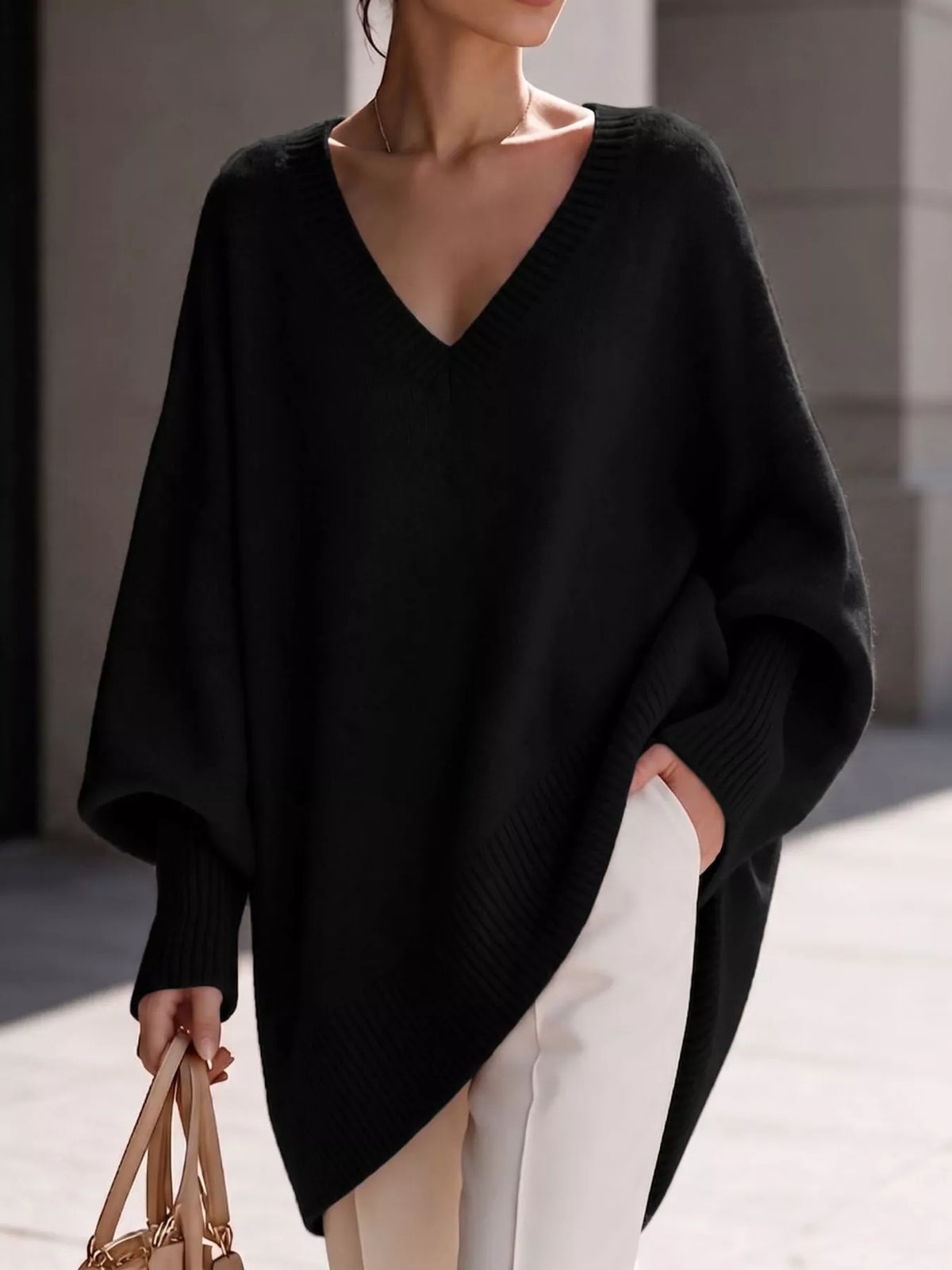 Full Size V-Neck Oversized Batwing Sleeve Sweater Plus Size