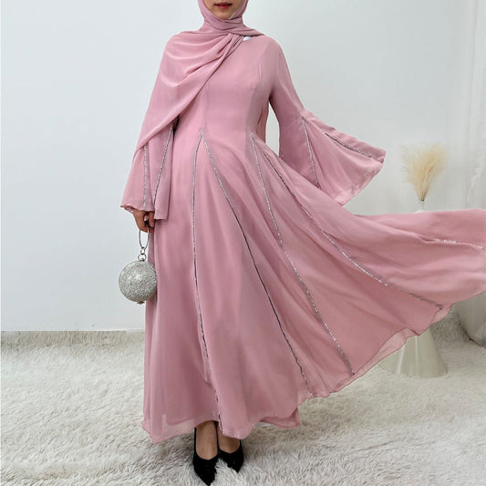 Elegant Chiffon Abaya Set with Hijab | Round Neck Bell Sleeve Maxi Dress with Rhinestone Trim (MA325)
