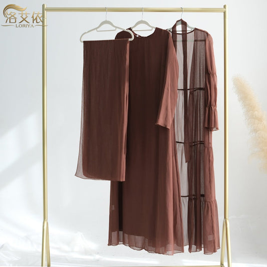 Elegant Chiffon Wrinkle Abaya | Three-Piece Set Modest Muslim Chiffon Abaya (MOA155)