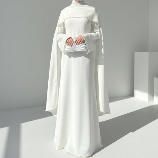 Elegant Pearl Embellished Cape Sleeve Evening Dress(MA337)