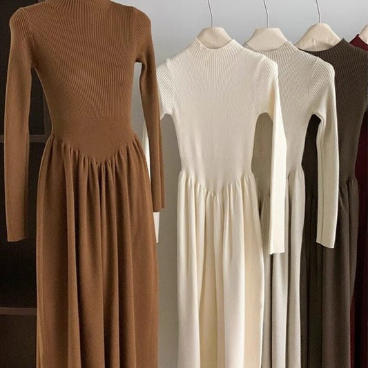 Elegant Ribbed Knit Maxi Dress | Mock Neck A-Line Sweater Dress (MS173)