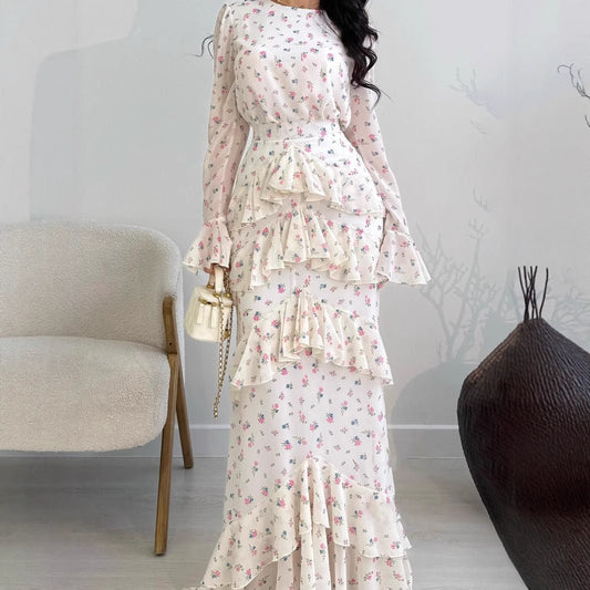 Elegant Romantic Floral Chiffon Fishtail  Ruffled Long Sleeve Dress Maxi Dress Abaya(MA212)