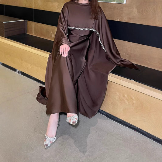 Elegant Satin Abaya with Rhinestone Cape | Luxurious Modest Evening Dress (MA327)