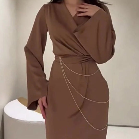 Elegant Satin Maxi Dress Abaya with Waist Chains V-Neck Long Sleeve Solid Color Dresses(MA204)