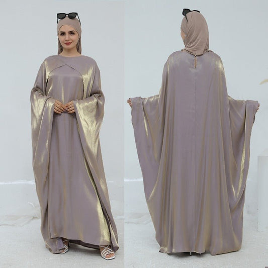Elegant Shimmer Batwing Abaya Set with Hijab | Two-Piece Pullover Style Layered Look(MA315)
