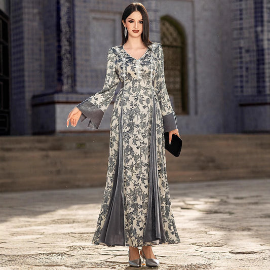 Elegant V-Neck Satin Floral Hand-Stitched Pearl & Crystal Bead Long Sleeve Maxi Dress with Gray Abaya Dress(MA192)