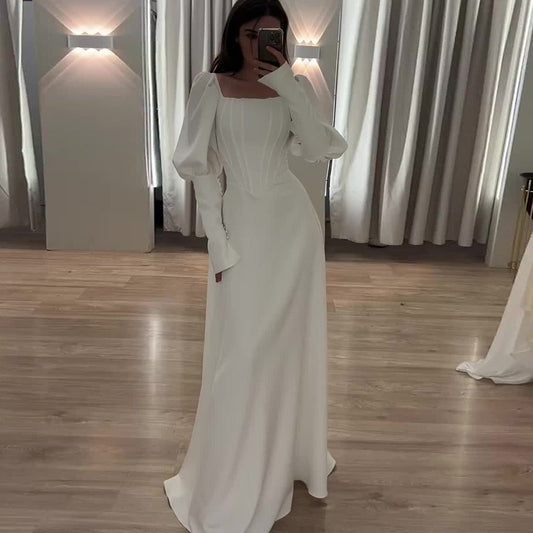 Elegant White Square Neck Long Sleeve Bubble Sleeve Modest Dress Abaya  (MA228)