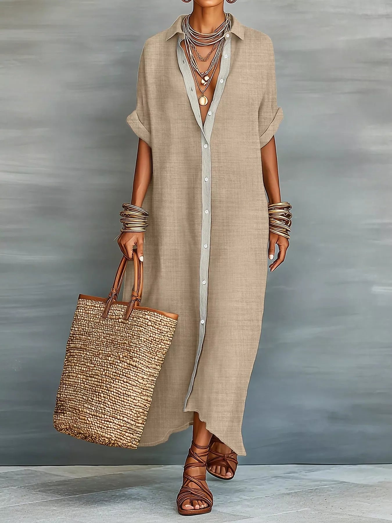 Casual Linen Shirt Dress with Button-Down Front
