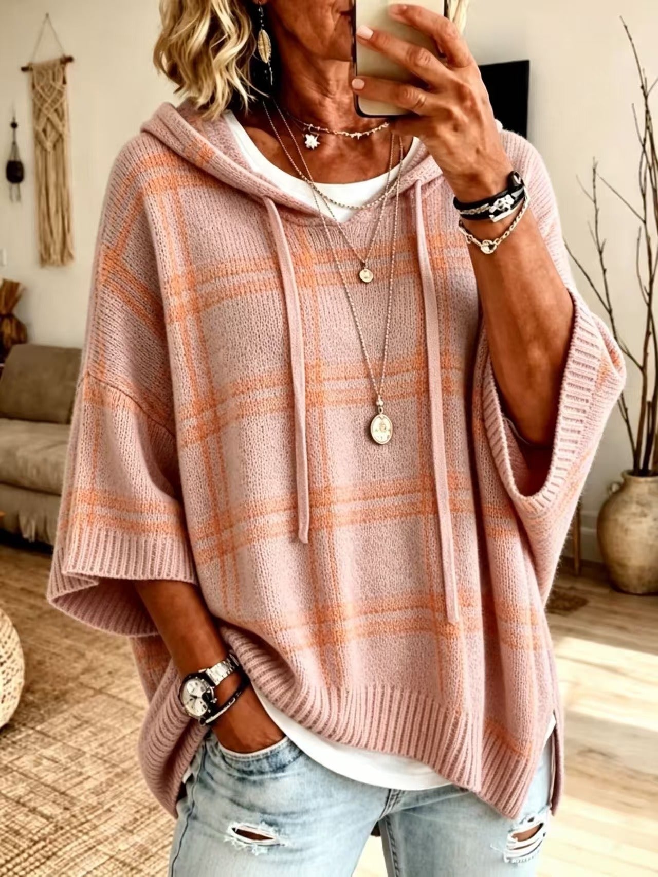 Plaid Knit Hooded Batwing Sweater