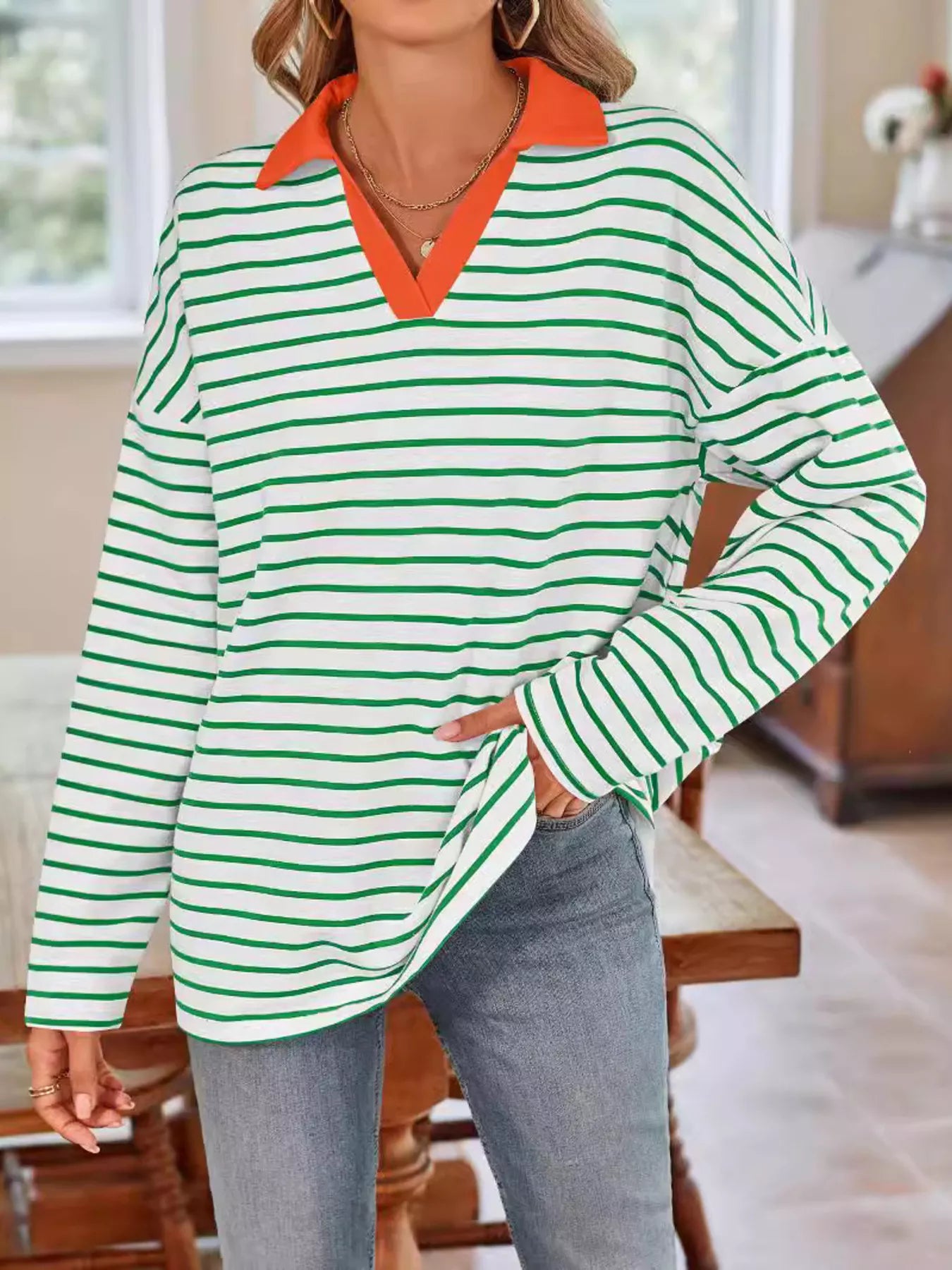 Oversized Striped Johnny Collar T-Shirt