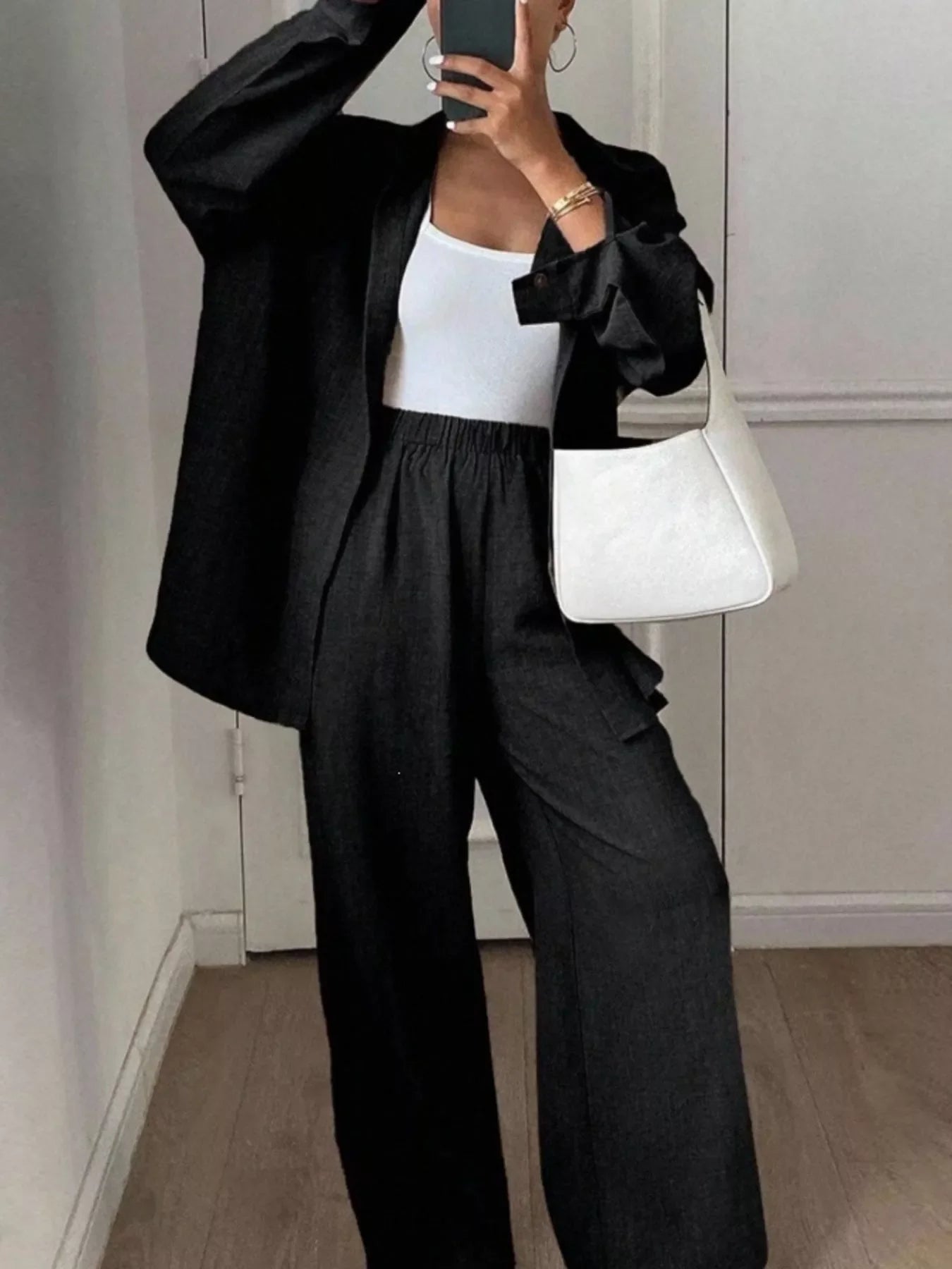 Button Up Long Sleeve Shirt and Wide Leg Pants Set
