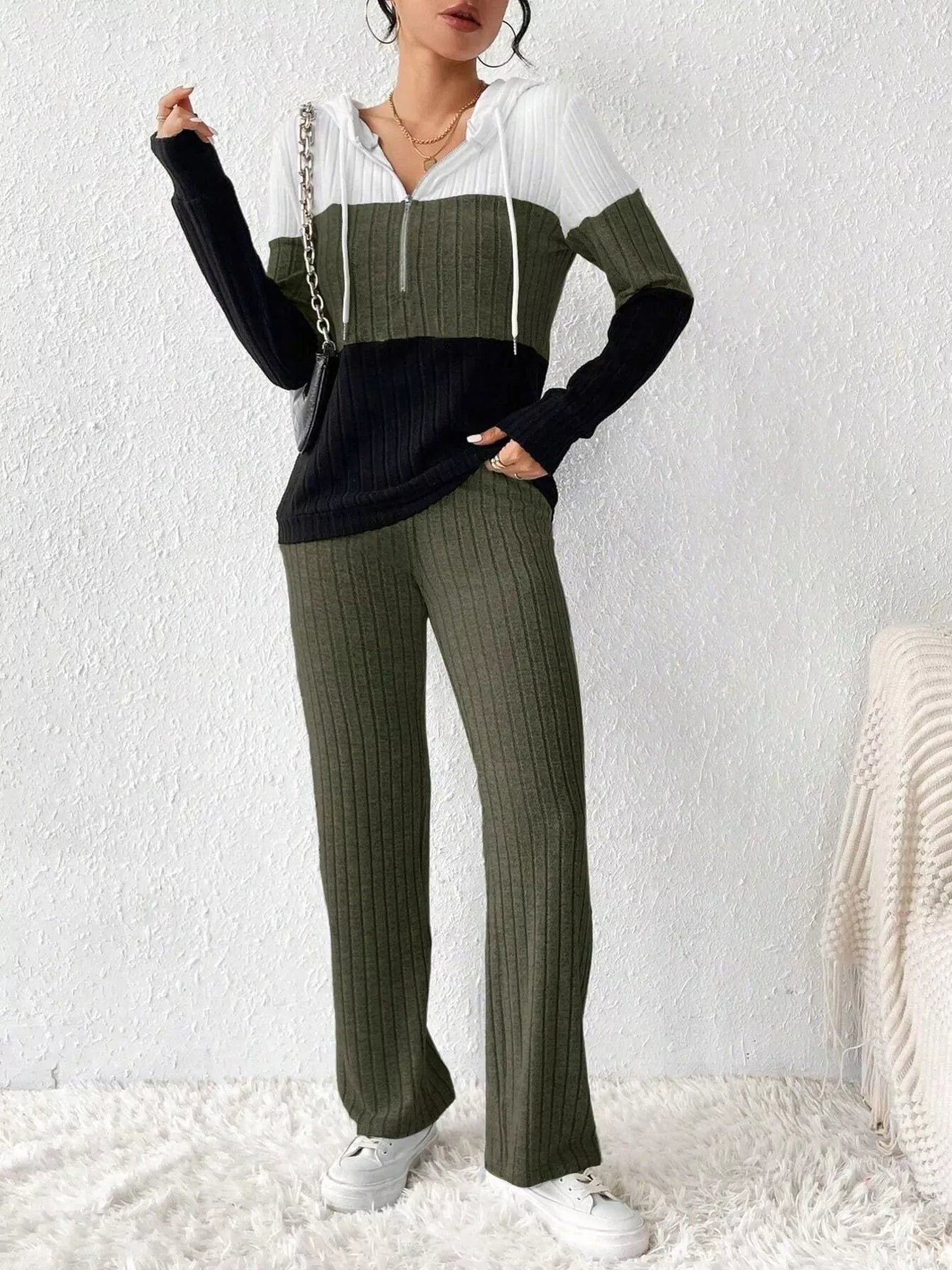 Color Block Half Zip Hooded Top and Pants Set