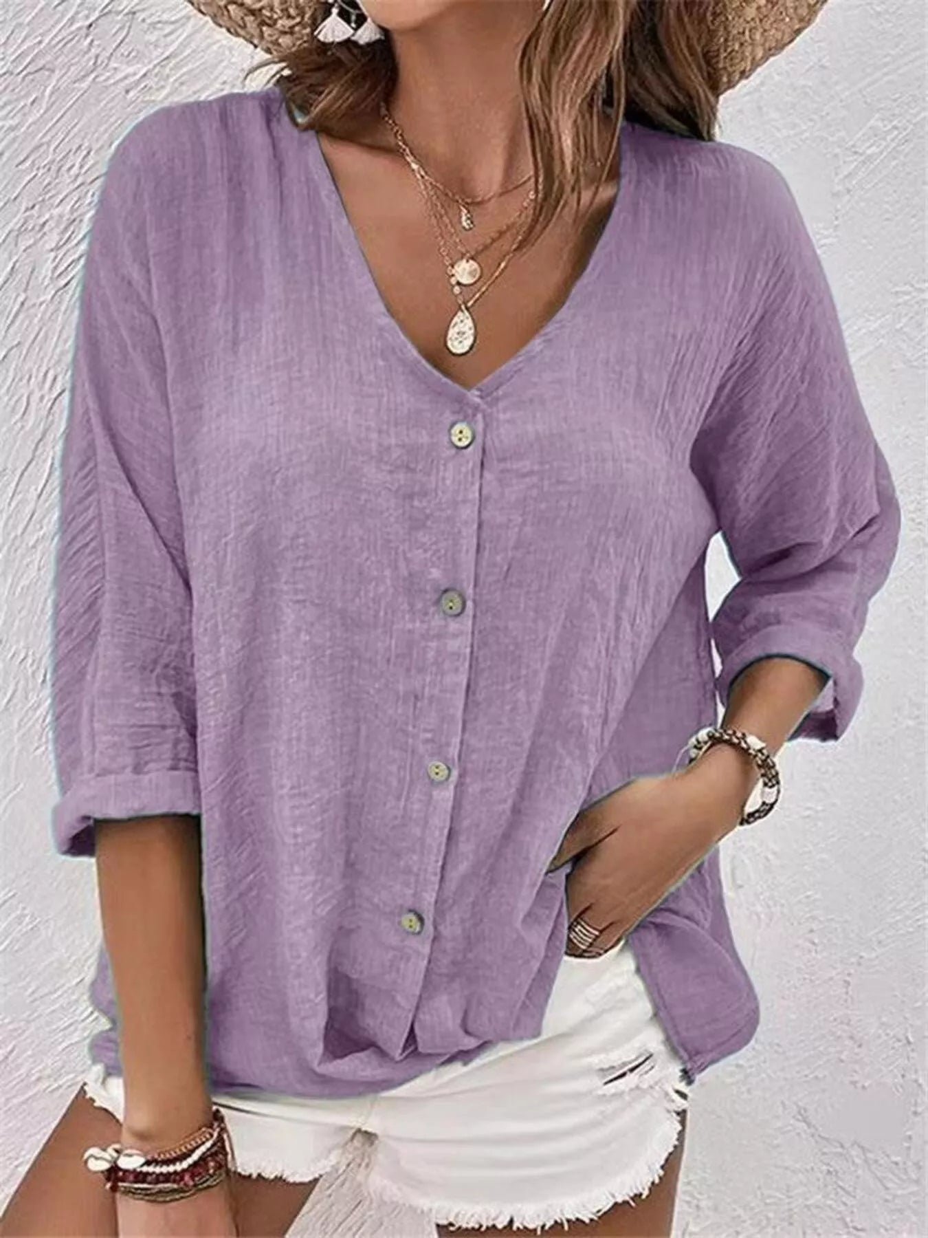 Full Size Casual V-Neck Button-Down Blouse Plus Size