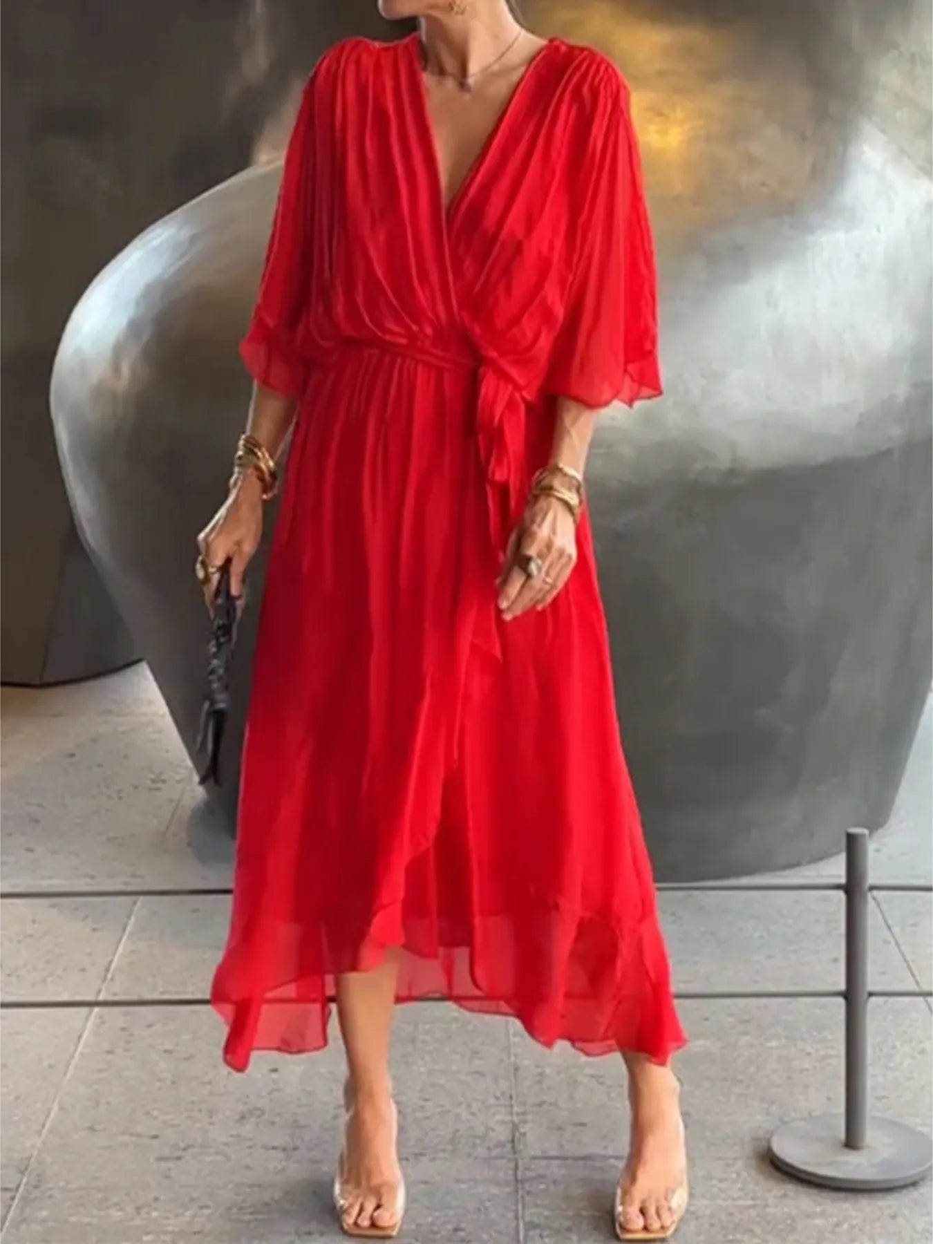 Full Size Flowy Tie Front Midi Dress with Flutter Sleeves Plus Size