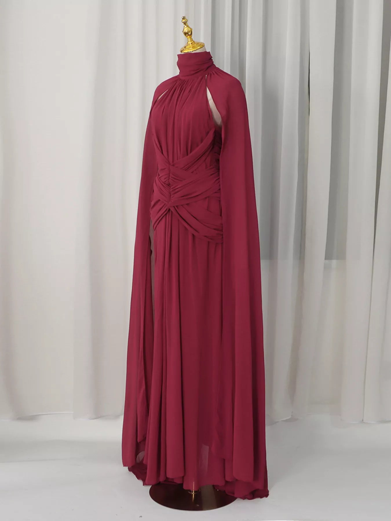 Ruched Halter Neck Cape Maxi Dress