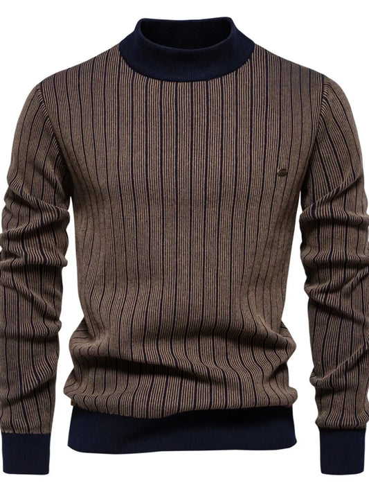 Men's Mock Neck Contrast Striped Sweater