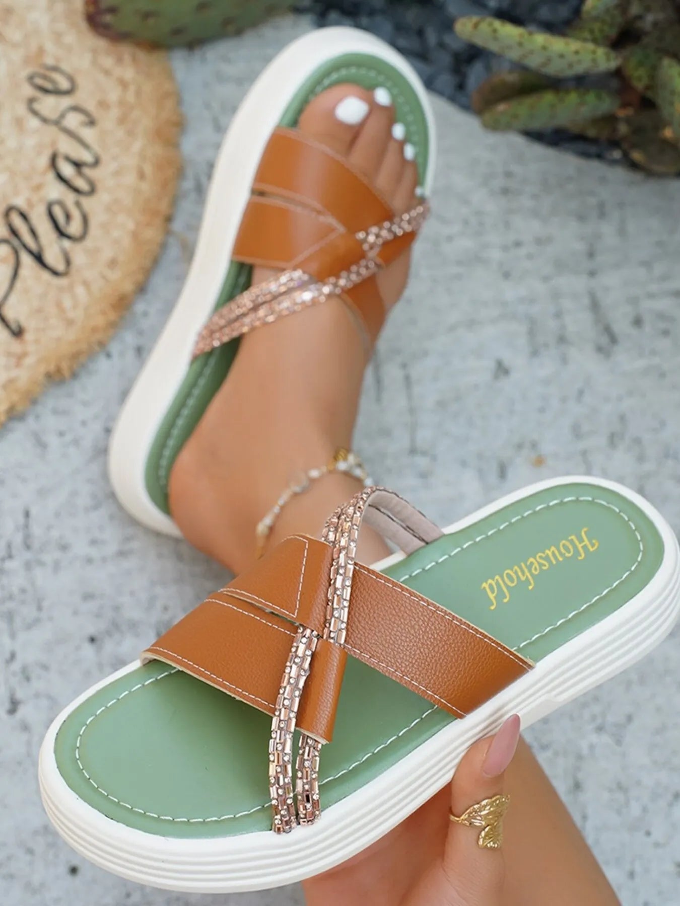 Rhinestone Cross-Strap Platform Sandals