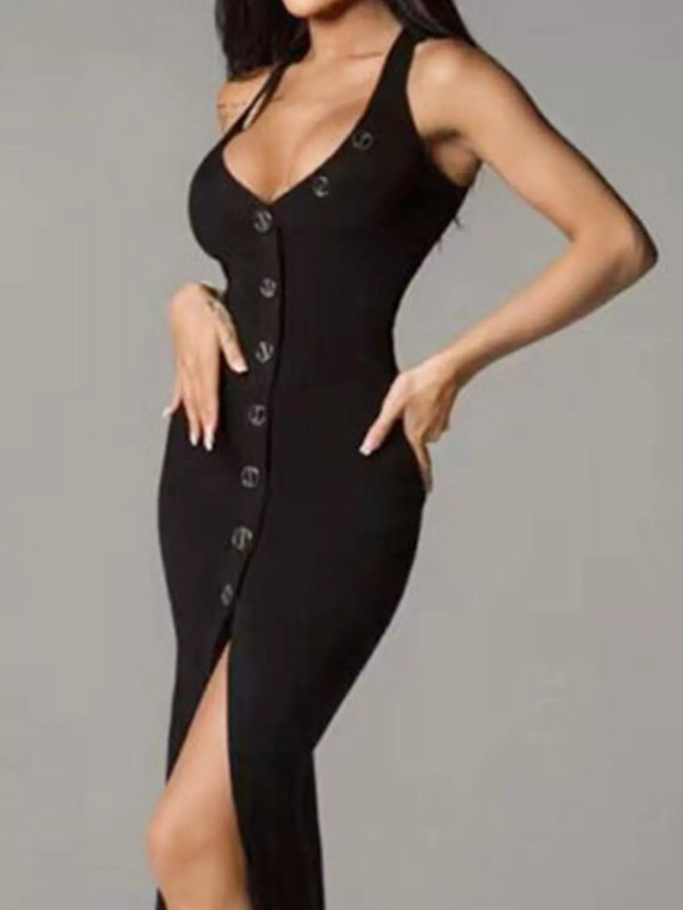 Sleek Button-Front Halter Neck Midi Dress