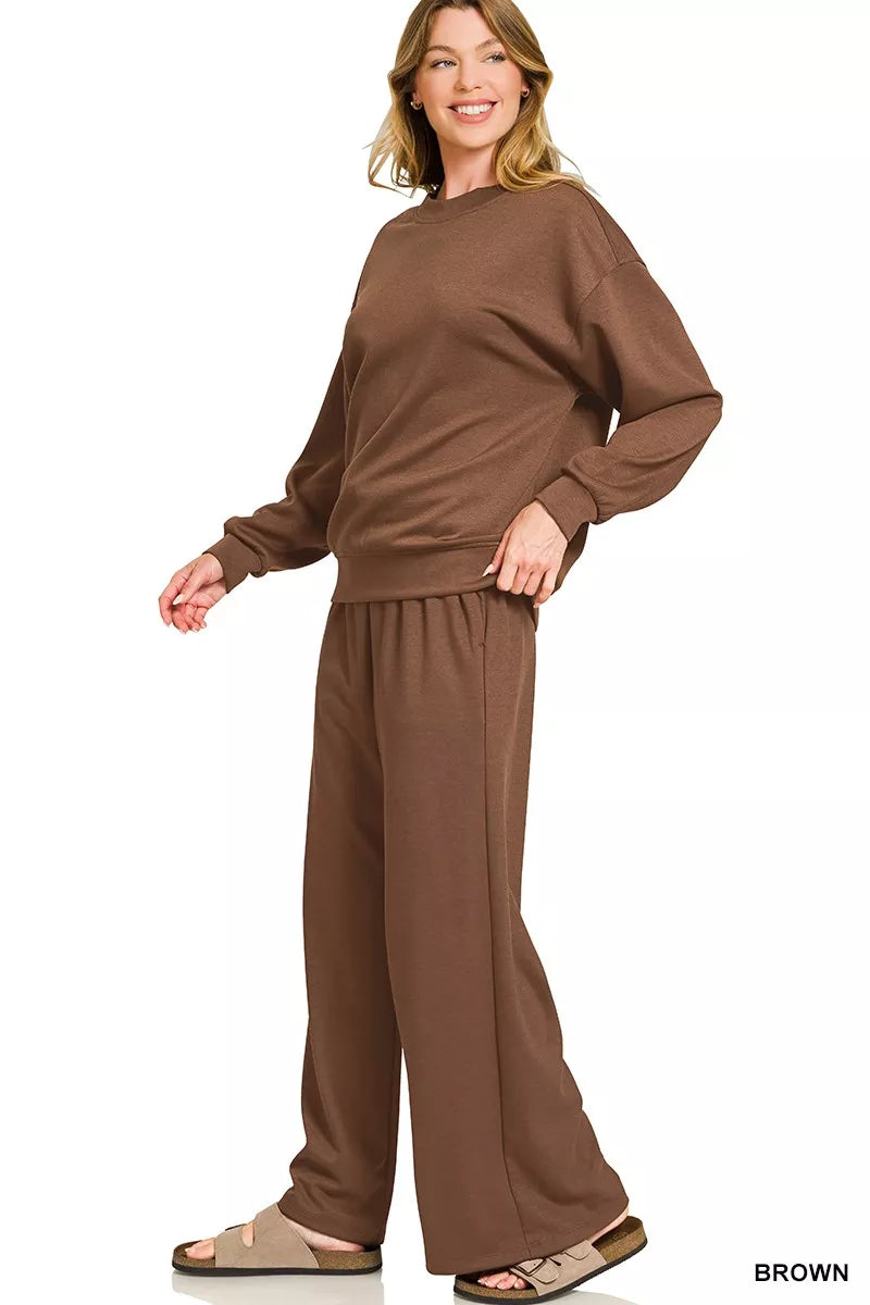 Zenana Scuba Crewneck Pullover and Pants Set