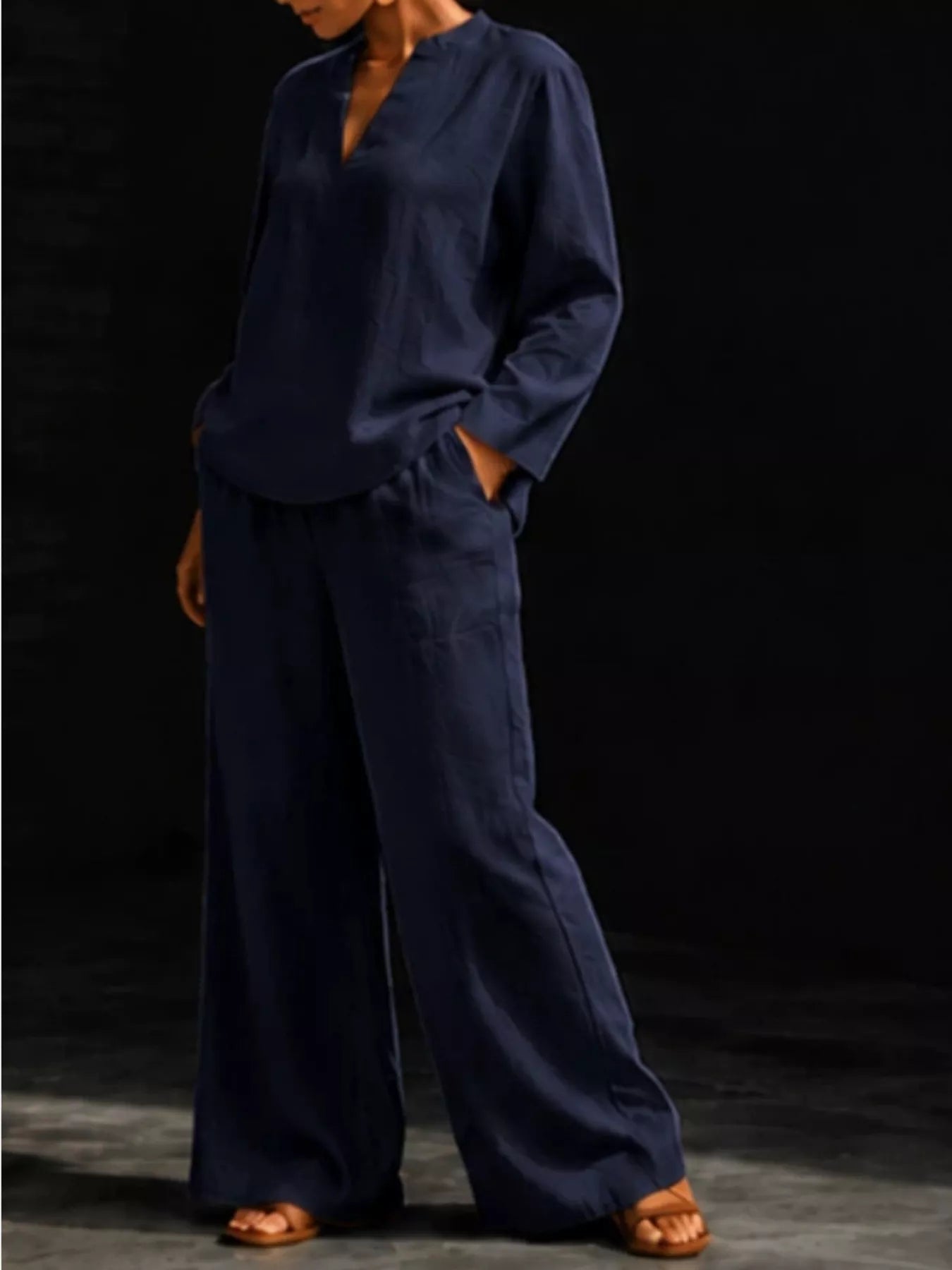 Notched Long Sleeve Top and Pants Set