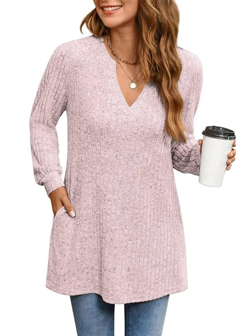 Ribbed Notched Long Sleeve T-Shirt