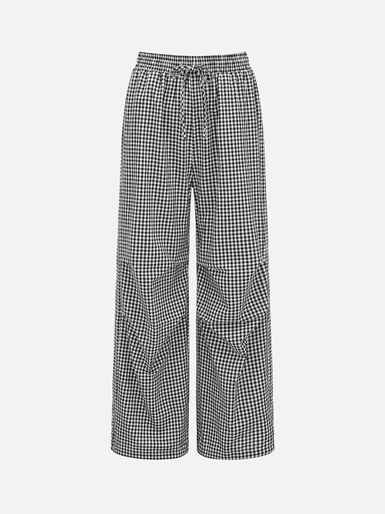 High-Waisted Gingham Wide-Leg Drawstring Pants