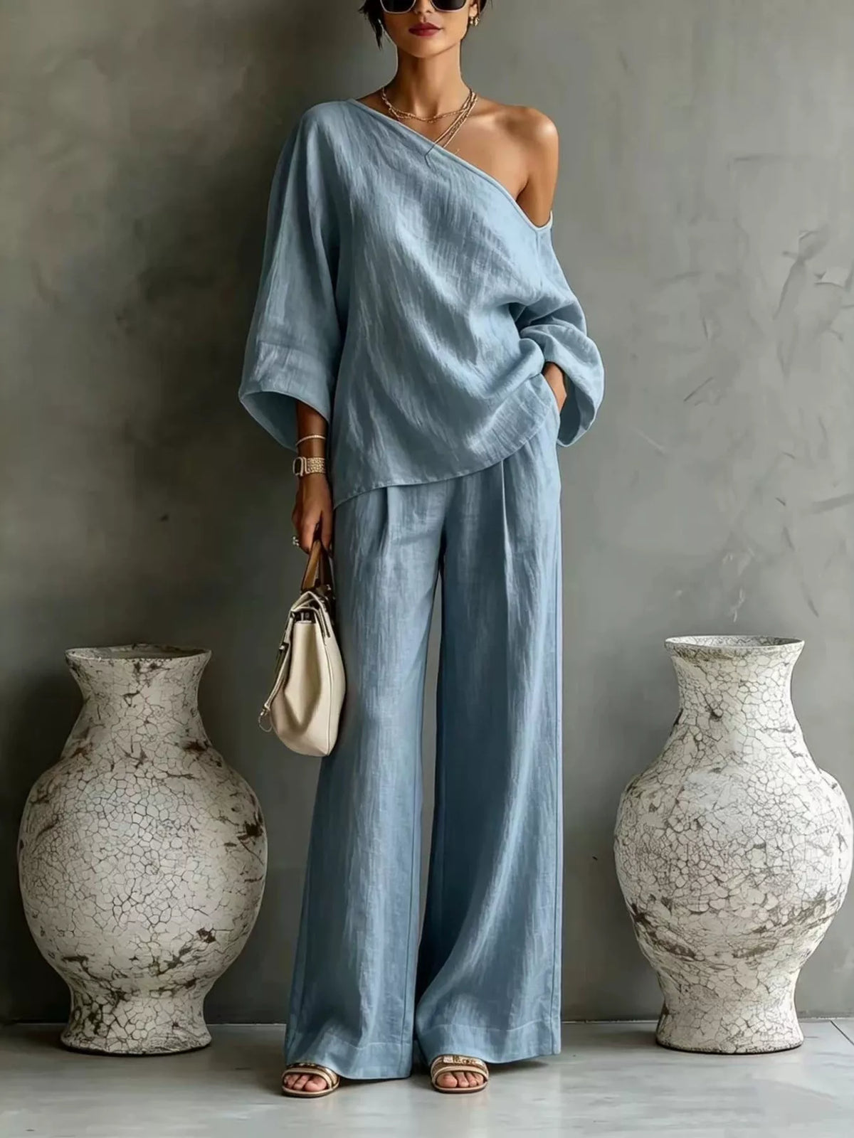 One Shoulder Top and Wide Leg Pants Set