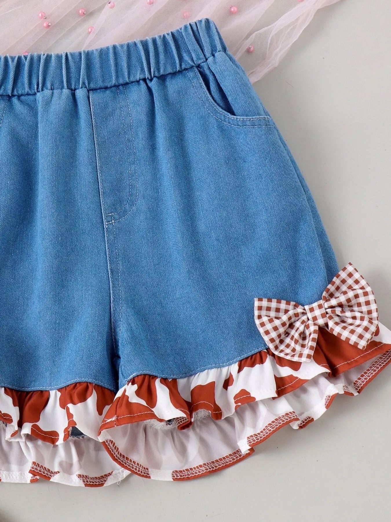Children's Cow Print Ruffle Sleeve Top and Shorts Set