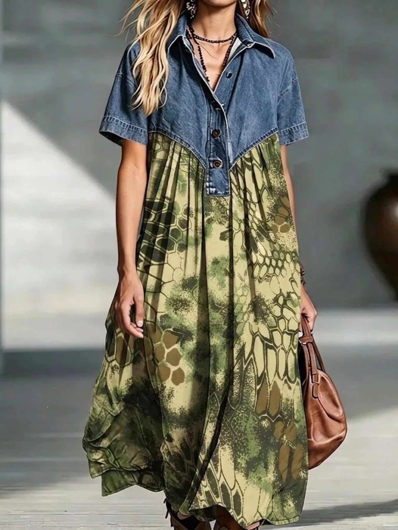 Full Size Denim Patchwork Printed Shirt Dress Plus Size