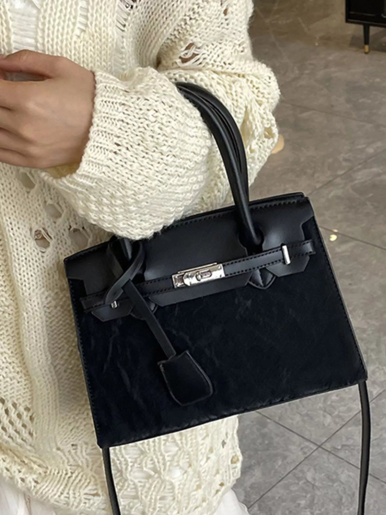 Textured Leather Top-Handle Handbag