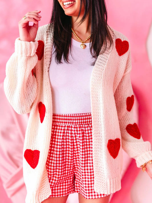 Heart Open Front Dropped Shoulder Cardigan