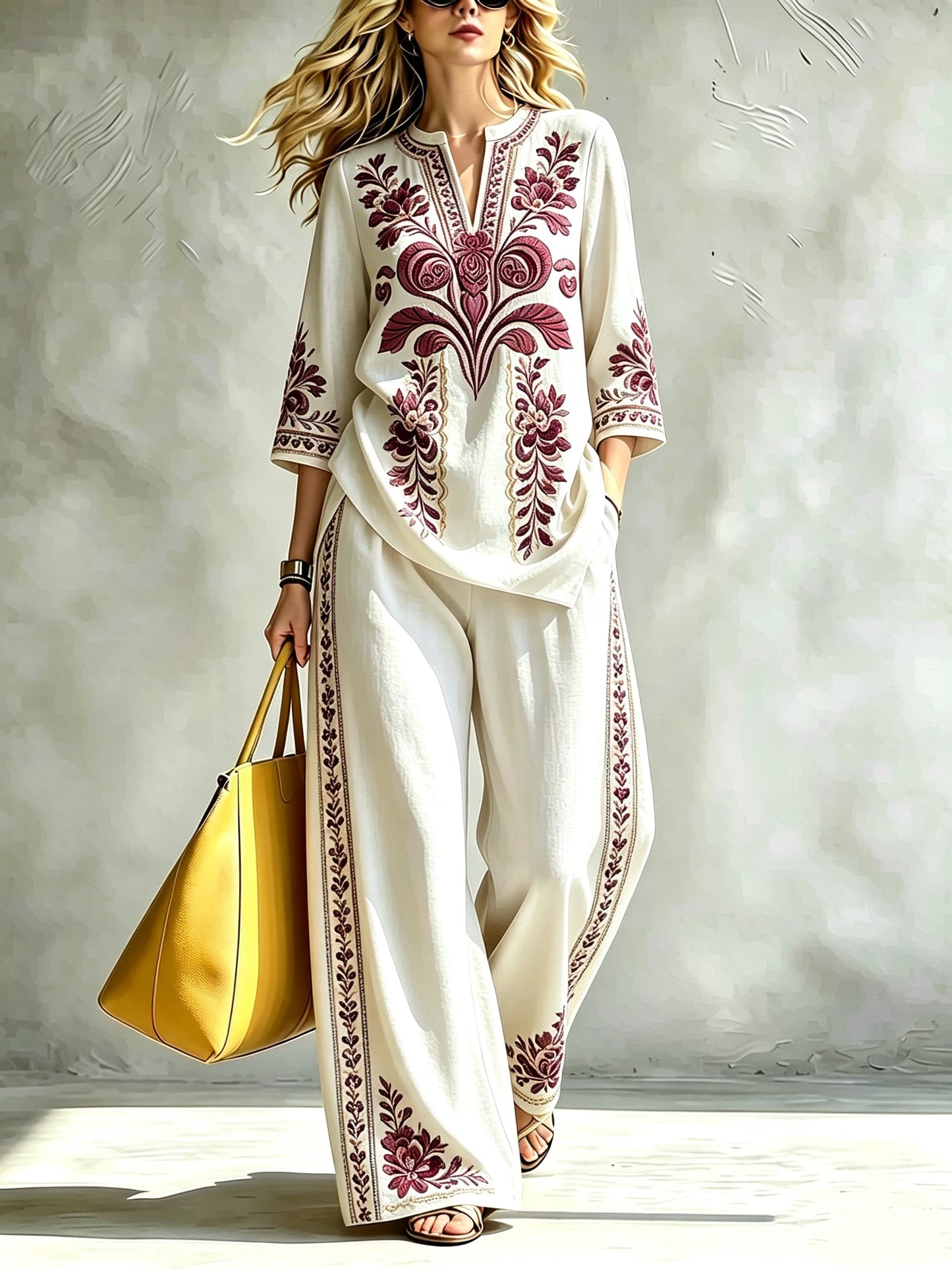 Printed Wide-Leg Trouser Set | V-Neck Top & Pants Two-Piece