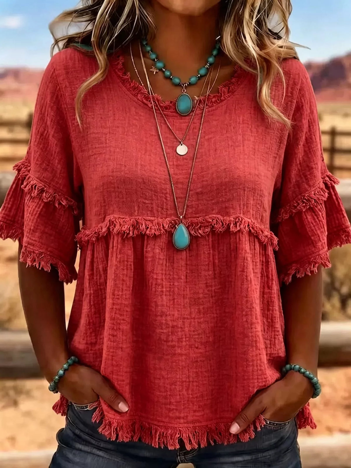 Full Size Frayed Edge Textured Blouse Plus Size
