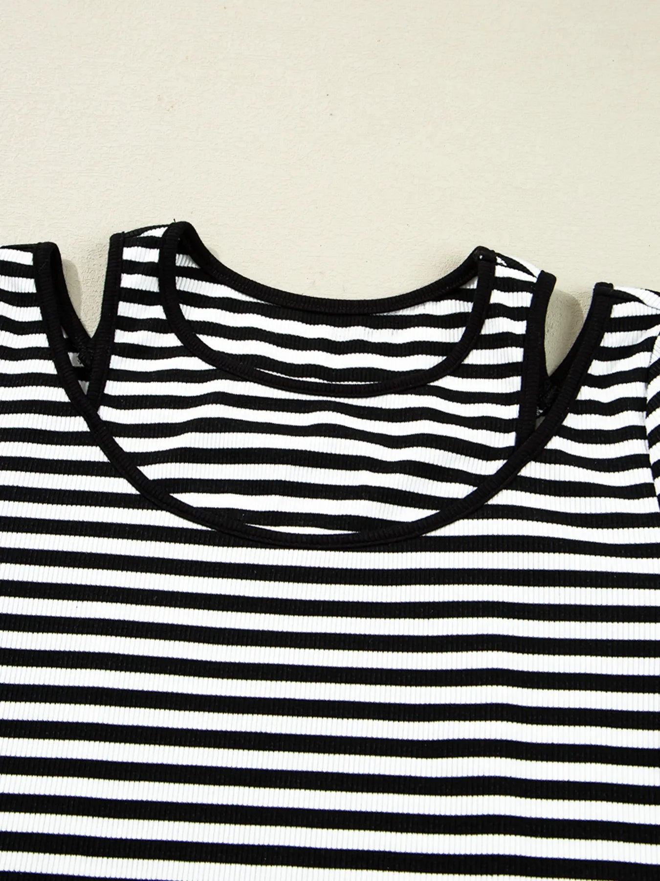 Stripe Double-layer Cold Shoulder Long Sleeve Top