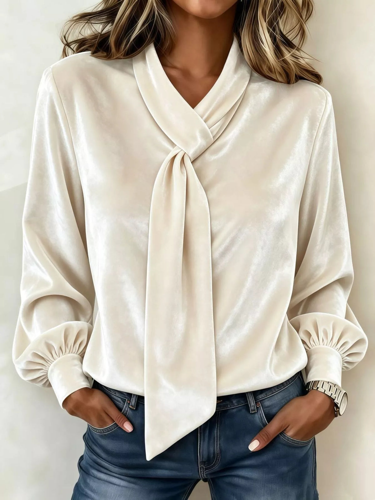 Full Size Velvet Tie-Neck Long Sleeve Top Plus Size