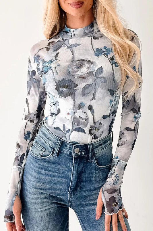 Floral Mesh High Neck Long Sleeve Sheath Top