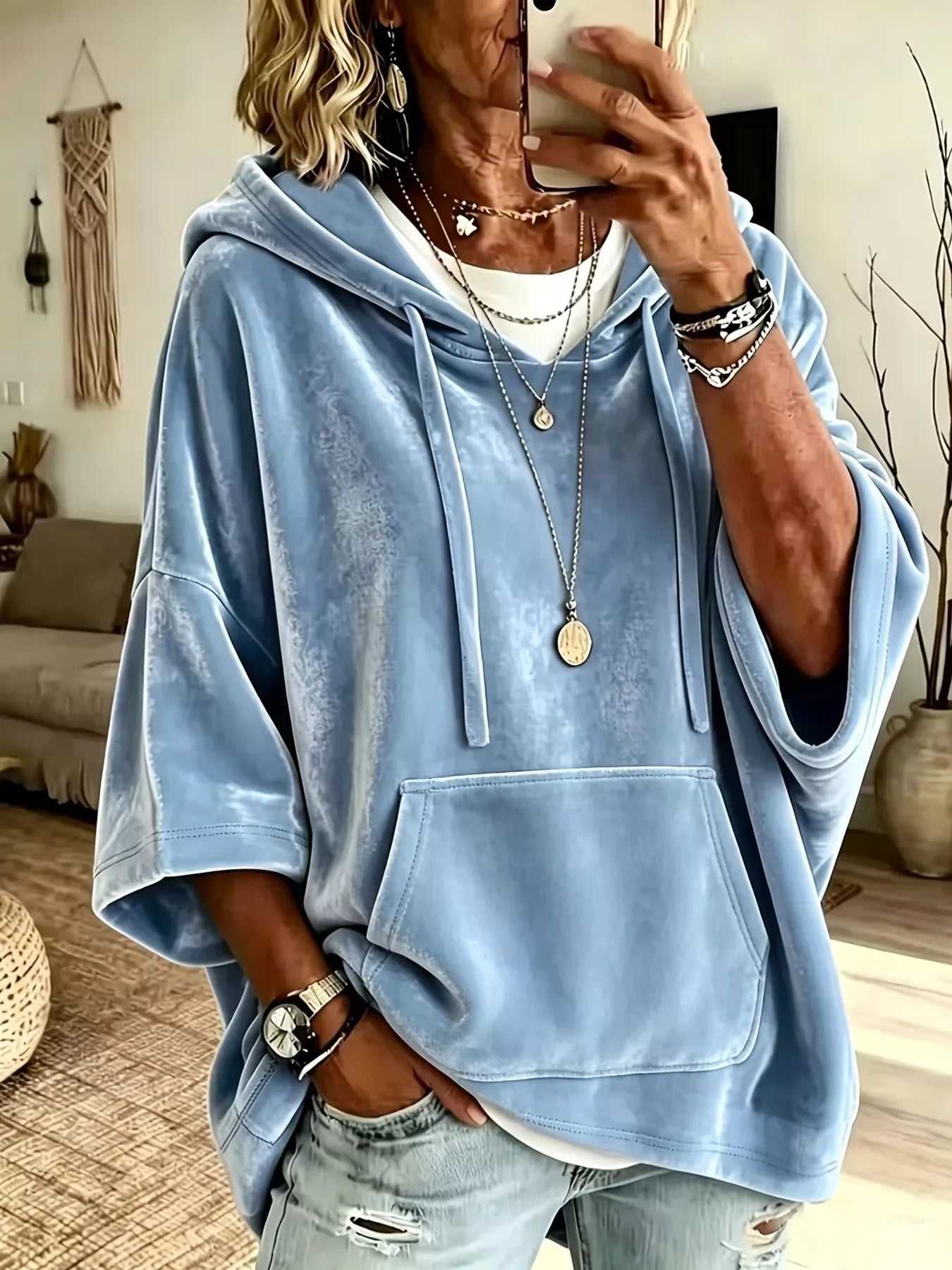 Full Size Velvet 3/4 Sleeve Hoodie with Kangaroo Pocket Plus Size