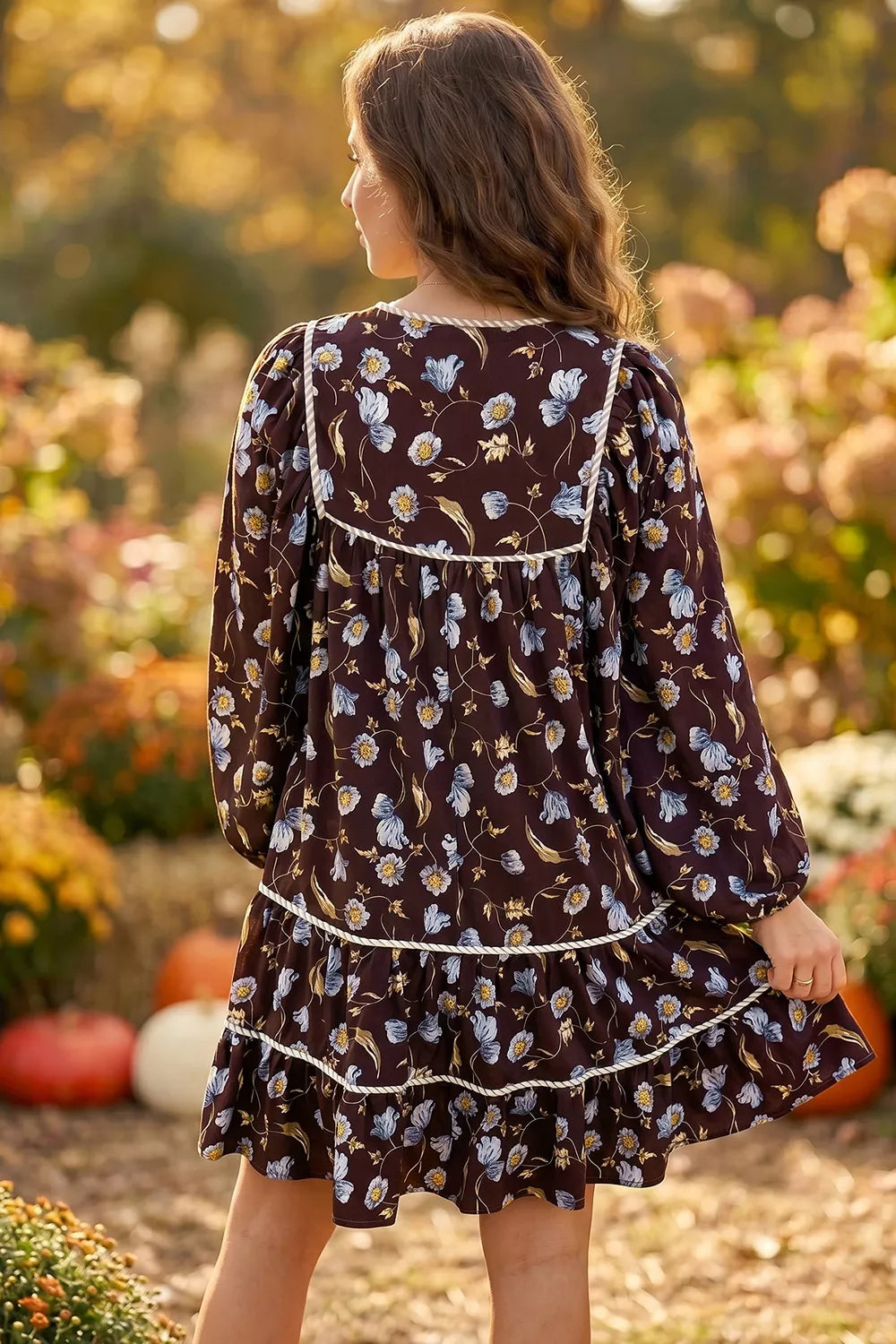 Floral Print Shirred V Neck Shift Dress