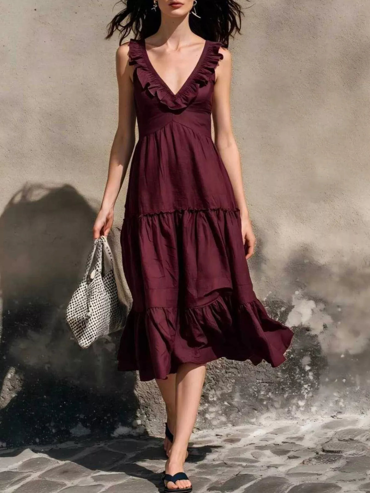 Full Size Ruffled V-Neck Tiered Midi Dress Plus Size