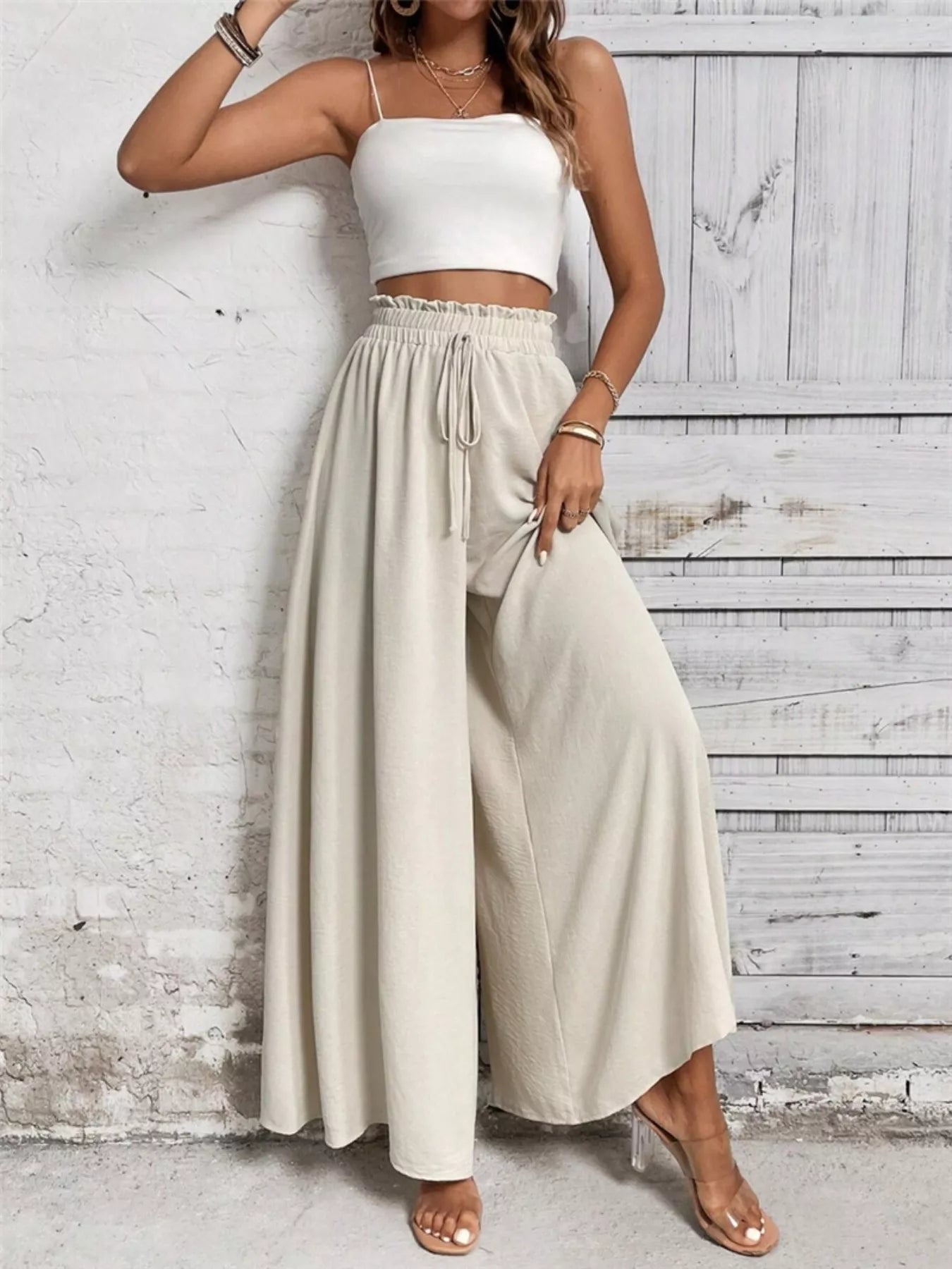 Wide Leg Drawstring Waist Casual Pants