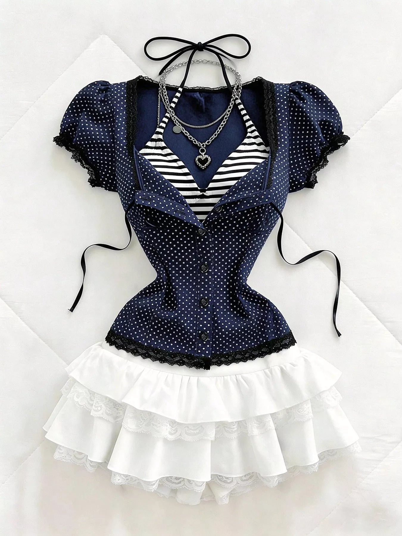 Polka Dot Lace Trim Puff Sleeve Top