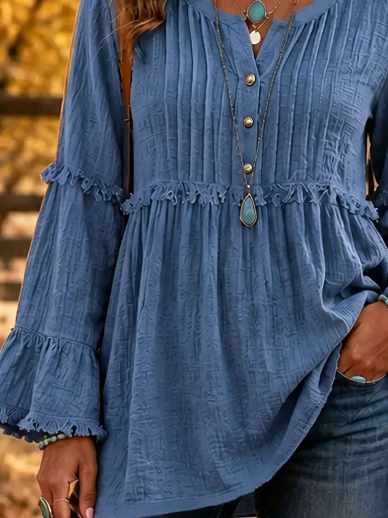 Full Size Frill Notched Long Sleeve Blouse Plus Size