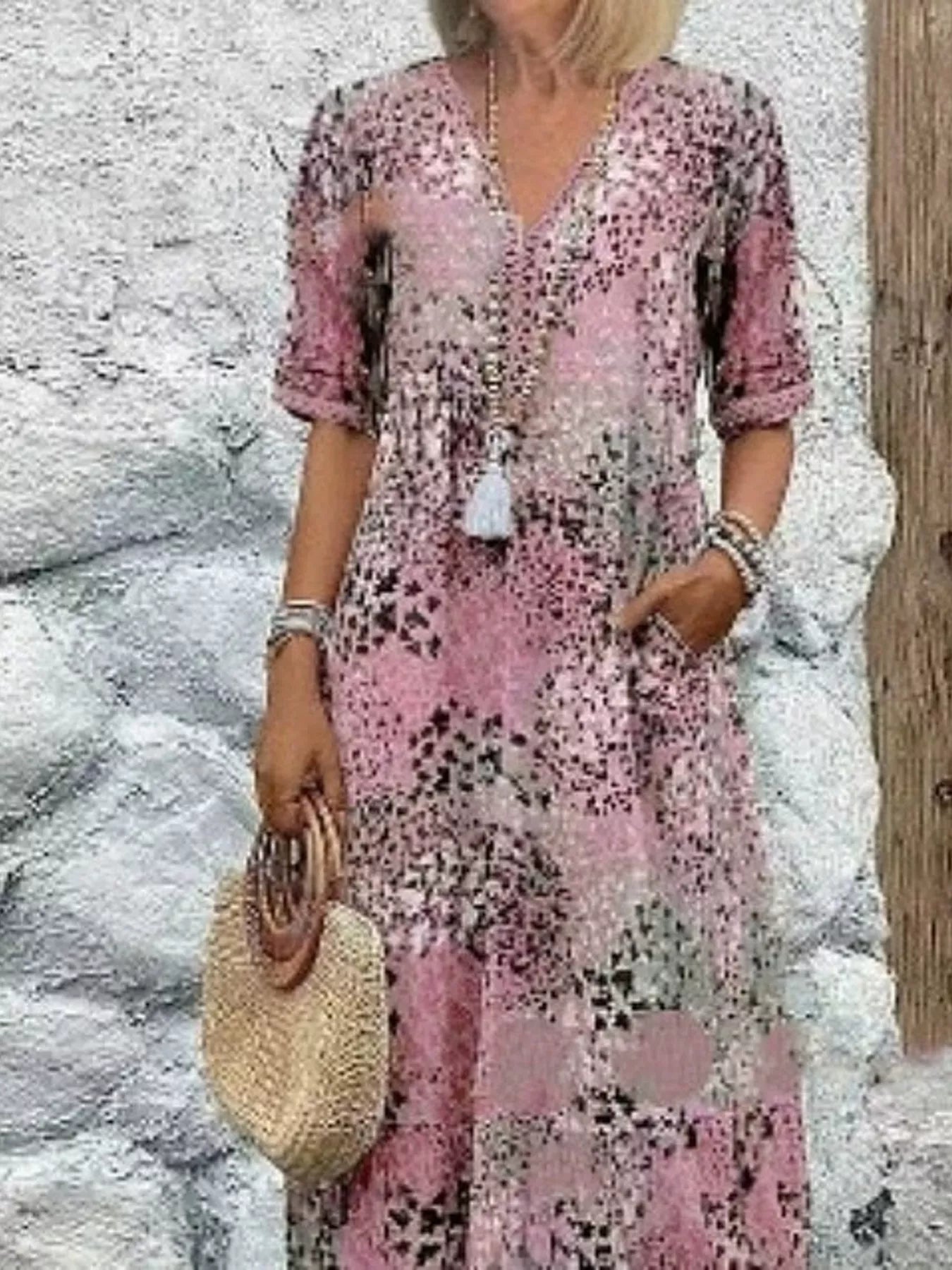 Full Size Printed V-Neck Half Sleeve Dress Plus Size