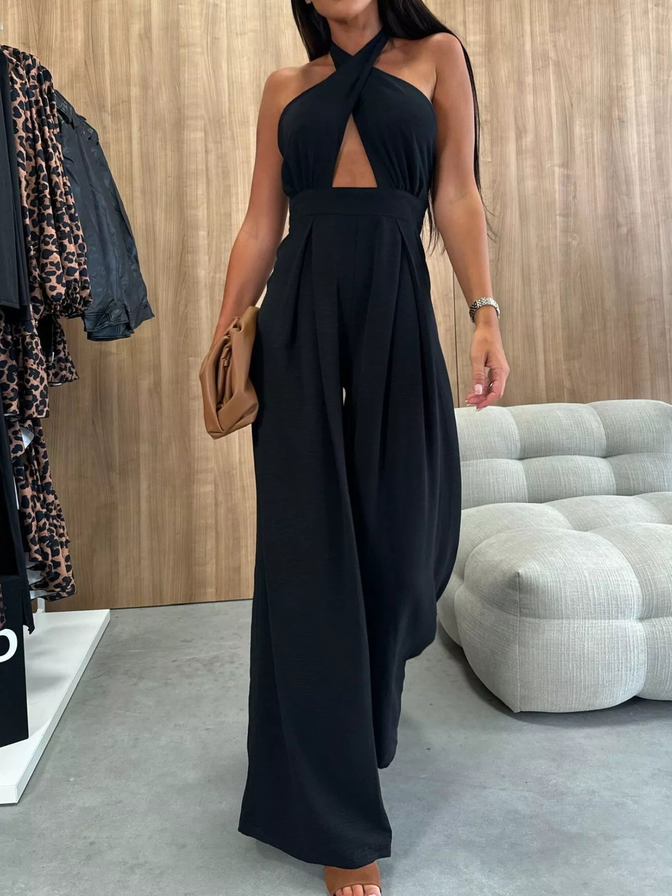 Halter Neck Cut-Out Wide-Leg Jumpsuit