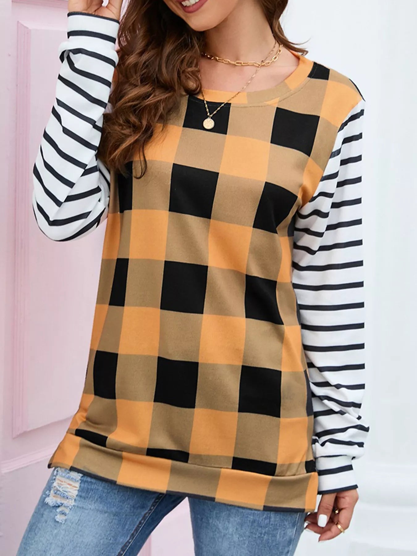 Plaid and Stripe Contrast Long Sleeve T-Shirt